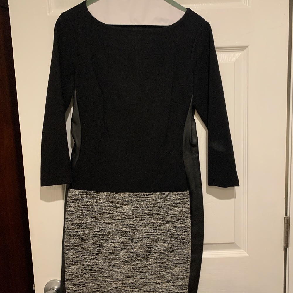 Black dress with tweed and leather detail, knee length